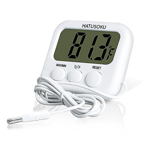 HATUSOKU Digital Thermometer with External Sensor, Magnet, Suction Cup, Water Thermometer, Aquarium, Refrigerator, Freezer (White) - color: White
