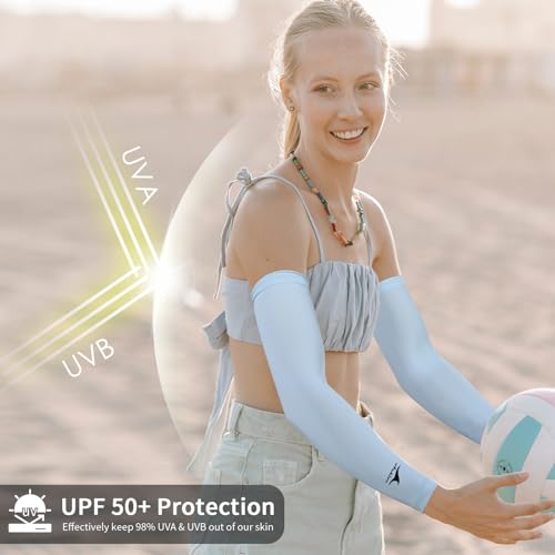 Achiou Cooling Ice Silk Arm Sleeves, Summer UV Sun Protection Compression Sleeves UPF 50+ for Women Volleyball Youth Sports - color: 2 Pairs: 1pair White,1 Pair Blue