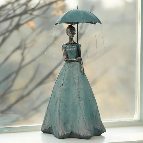 DiliComing Solar Fairy Garden Statue 18 Inch Resin Outdoor Decor - color: Hold Umbrella