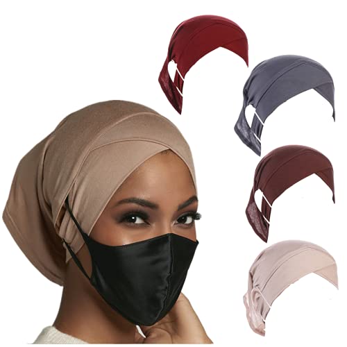 4 Pieces Muslim Under Scarf with Ear Hole Stretch Jersey Inner Hijabs Tube Caps for Islamic Women Turban Bonnet… - color: Wine+grey+coffee+beige