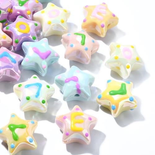 LiQunSweet 20 Pcs 5 Colors Star with Letter Enamel Acrylic Beads Lovely Celestial Loose Spacer Beads for DIY Jewelry Bracelet Craft Accessory Decoration - color: Star with Letter Beads_20 Pcs