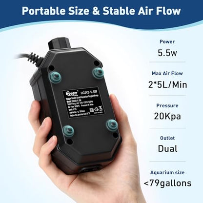 hygger Aquarium Air Pump, Ultra Quiet Oxygen Aerator with Air Stone Airline Tubing Check Valve, Aquarium Fish Tank Air Bubbler for 3 to 79 Gallon Tank and Bucket - size: Large