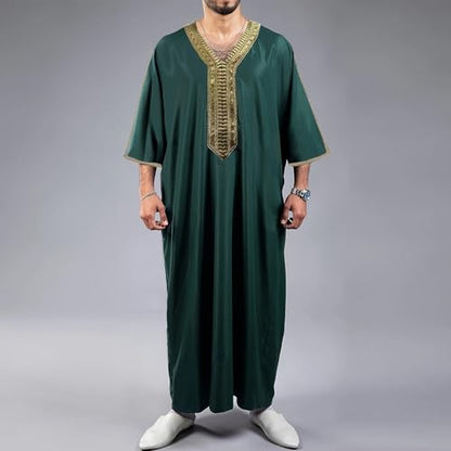 RTTUIOP Men's Muslim Clothes Lace Sleeves V-Neck Thobe Middle East Kaftan Saudi Arab Caftans Islamic Abaya Dress - color: 01-dark Green, size: Small