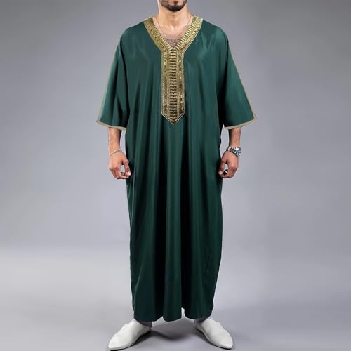 RTTUIOP Men's Muslim Clothes Lace Sleeves V-Neck Thobe Middle East Kaftan Saudi Arab Caftans Islamic Abaya Dress - color: 01-dark Green, size: X-Large