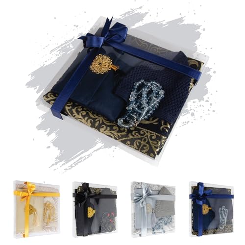 Islamic Prayer Gift Set for Men – Velvet Prayer Mat, Tasbih Beads, Yaseen Book – Muslim Prayer Essentials – Ramadan Eid Gift - color: Dark Blue