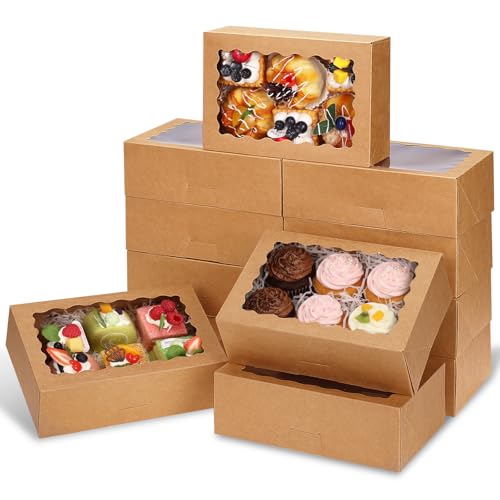 Moretoes 45pcs Cookie Boxes with Window, 9x6x3in Auto-Popup Bakery Boxes, - color: Brown