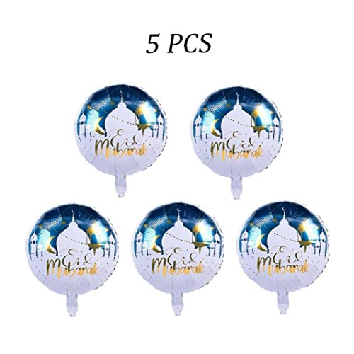 5 Pcs Eid Mubarak Balloons Ramadan Decorations, Round Eid Mubarak Balloons for Muslim Ramadan Kareem Party Decor