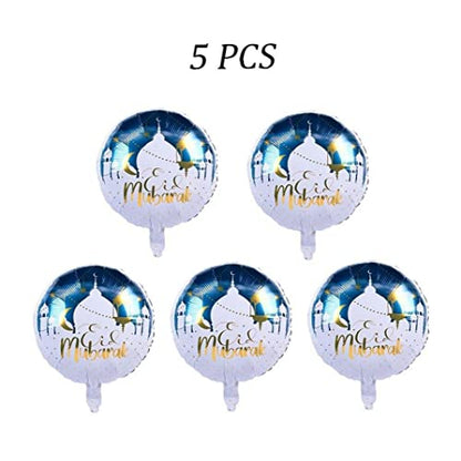 5 Pcs Eid Mubarak Balloons Ramadan Decorations, Round Eid Mubarak Balloons for Muslim Ramadan Kareem Party Decor