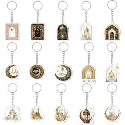 Liliaafar 15 Pcs Islamic Keychain Gifts Bulk Acrylic Muslim Keychain Ramadan Eid Gifts Bulk Stars Moon Rosary Religious Party Favors for Ramadan Hajj Wedding (Attractive) - style: Attractive