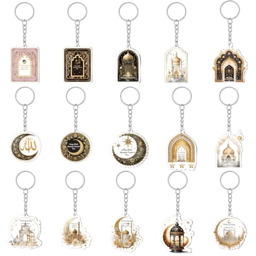 Liliaafar 15 Pcs Islamic Keychain Gifts Bulk Acrylic Muslim Keychain Ramadan Eid Gifts Bulk Stars Moon Rosary Religious Party Favors for Ramadan Hajj Wedding (Attractive) - style: Attractive