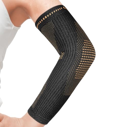 Copper Elbow Compression Sleeve - Tennis & Golfers Elbow Support Brace, Extends to Forearm for Complete Pain Relief, Wider Fit Hugs Joint, Small - size: Small