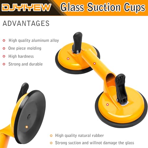 Heavy Duty Glass Suction Cups Handle- Aluminum Vacuum Handle Glass & Tile Lifter - Ergonomic, Reliable Suction for Lifting Large Glass, Tile, Marble, Floor, Dent Puller (2 Pack Yellow) - color: Yellow