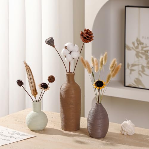 Ceramic Vases Set of 3 Modern Rustic Farmhouse Home Decor | Pottery Decorative Flower Vases for Pampas Grass Dried Fresh Flowers, Living Room, Table Centerpiece, Shelf, Mantel