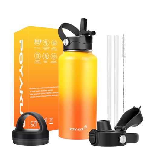 Water Bottle Insulated 32oz 40oz 64oz 128oz Straw Lid Spout Lid & 3 Lids, Leak Proof, Vacuum Insulated,Stainless Steel Water Bottle Wide Mouth for Sports, Gym or Office - color: Yellow Orange, size: 32 Ounces