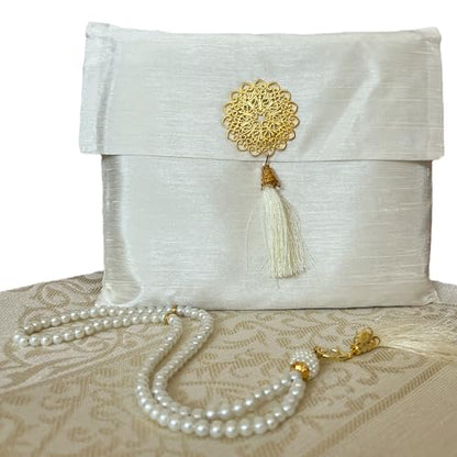 Muslim Prayer Rug and Beads with Elegant Slub Fabric Bag | Janamaz | Sajadah | Soft Islamic Prayer Rug | Islamic & Mawlid Gifts | Prayer Carpet Mat, Taffeta Fabric (White, 8 Sets) - color: White, size: 8 Sets