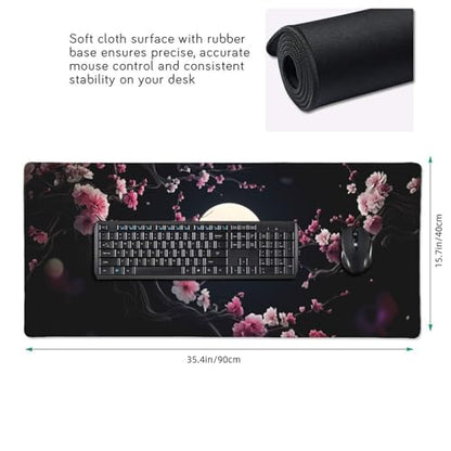 XXL Gaming Mouse Pad 35.4x15.7 Inch, Large Extended Desk Mat | Cherry Blossom Design, Non-Slip Rubber Base, Water-Resistant Surface and Stitched Edges for Gaming, Office & Home - color: Cherry Blossom Moon