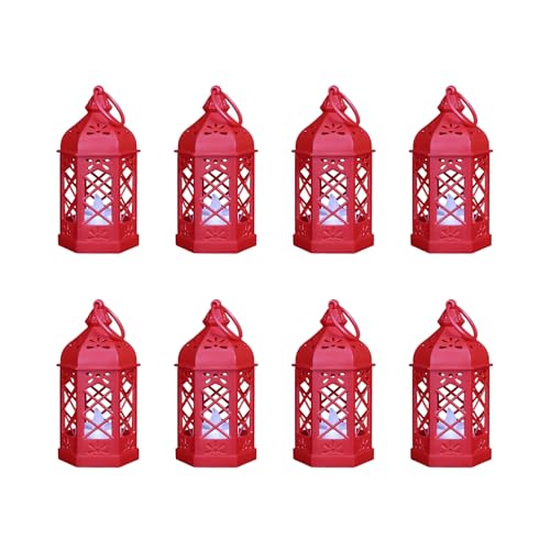 8-Pack Mini Lanterns for Ramadan, Christmas, Small Decorative Lanterns with Flickering LED Candle for Enchanted Forest Wedding, Moroccan Lantern for Table Centerpiece, Medieval Decor, Red - color: Red(Solid Plastic)