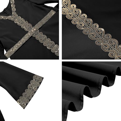 OBEEII Girls Muslim Abaya Ramadan Long Bell Sleeve V Neck Sequins Church Prayer Dress with Belt Islamic Eid Robe Kaftan - color: Black-sequins, size: 8-9 Years