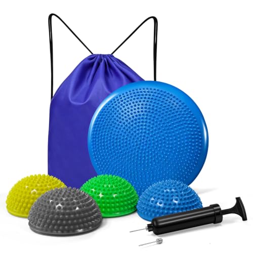 Wobble Cushion Set for Sensory Kids and Balance Training - Disc Plus 4 Pods, Board With Pump, Inflatable Stepping Pads for Adults - color: Blue