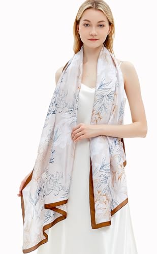 Women Silk Scarves Long Satin Lightweight Outdoor Shawl Wraps Printed Head Scarf 70''X35'' - color: 111-white/Yellow