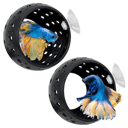 Fhiny 2 PCS Betta Hide, Beta Fish Tank Decor, Suction Cup Shrimp Tunnel, Betta Resting Spot, Aquarium Hammock Hideout Cave for Guppy Resting(Black)