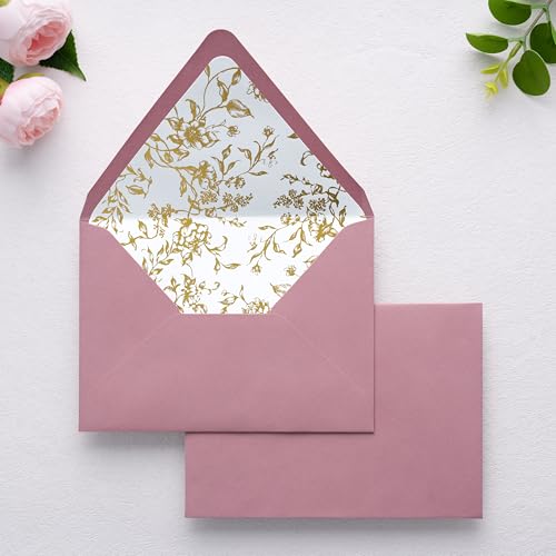 PONATIA A7 Euro Flap Gold Foil Liner Envelopes, Dusty Rose 5x7 Envelopes - color: Dusty Rose + Gold Foil