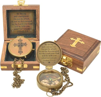 Engraved Personalized Inscription Antique Brass Compass Engraved with Leather Case Son Mom Children Gift Baptism Birthday Easter Decor - style: Josua 1:9 -11 Engraved with Holy CROSS