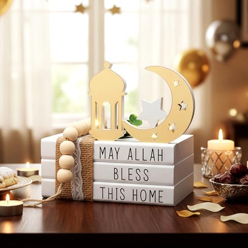 Blulu Islamic Wooden Tiered Tray Decor White Book Stack Golden Moon and Beads Start with Bismillah End with Alhamdulillah for Farmhouse Eid Muslim Ramadan Home Tabletop Art Decor (Bless This Home) - style: Bless This Home