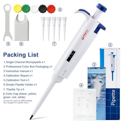 FOUR E'S SCIENTIFIC 0.5-10μL Pipette, Adjustable Volume Micropipette | Single-Channel Pipettor, Ergonomic Design, Precise Volume Dial - size: 02 (0.5-10uL)