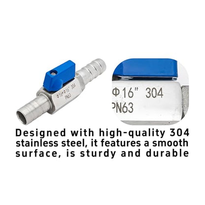 5/8” 304 Stainless Steel Mini Barb Ball Valve, Hose Shut Off Valve with Clamps, Corrosion Resistant Shut-Off Switch for Water, Gas, Fuel, Drip Irrigation - size: 5/8”