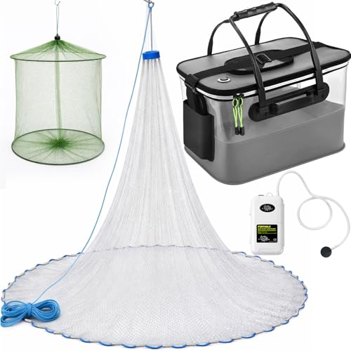 3 Pcs Fishing Bucket, Live Bait Aerator and Fishing Cast Net with Heavy Duty Sinker Foldable Live Bait Bucket Portable Quiet Aerator Fish Transport Container Outdoor EVA Bag - color: Gray, size: 4 Gallon