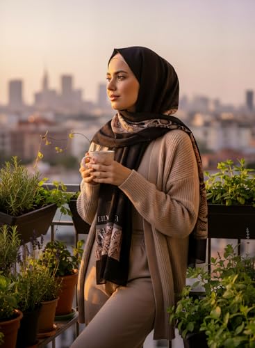 Hijab Modest and Elegant | Beautifully Designed Printed Chiffon Patterns | Muslim Women Head Scarf and Veil - color: Black T