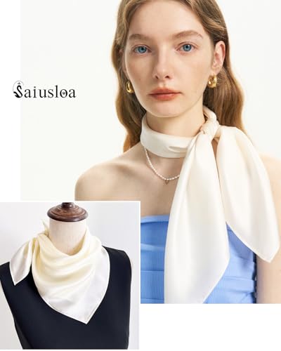Saiusloa Solid Color Neck Scarf For Women Square Satin Head Scarves headband Bandanas 23.6× 23.6 inches - color: 2-white