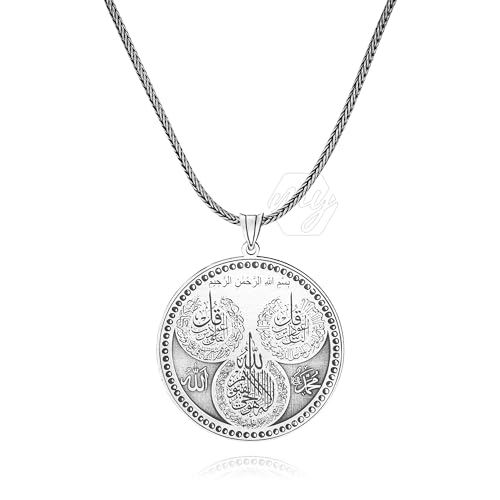 925 Sterling Silver Ayat ul Kursi, Surah An-Nas & Falaq Islamic Men's Necklace - size: 55 cm