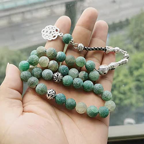 ALBASHAN Tasbih Natural Green agate stone Blue Metal tassel 33 45 66 99 prayer beads islamic fashion stone Muslim Rosary (10mm x 33beads) - size: 10mm x 33beads