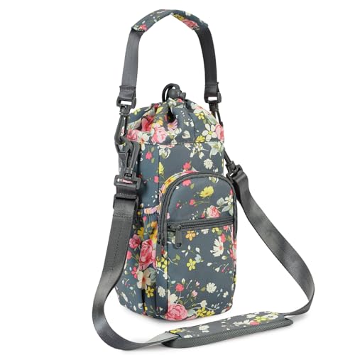 sportsnew 40oz Insulated Crossbody Water Bottle Bag Gym Hiking Phone Pocket | Water-resistant Lining, Padded Strap, Top Handle, Drawstring, Phone Pocket, Elastic Slots, Built-In Key Clip for Gym Walking - color: Rose