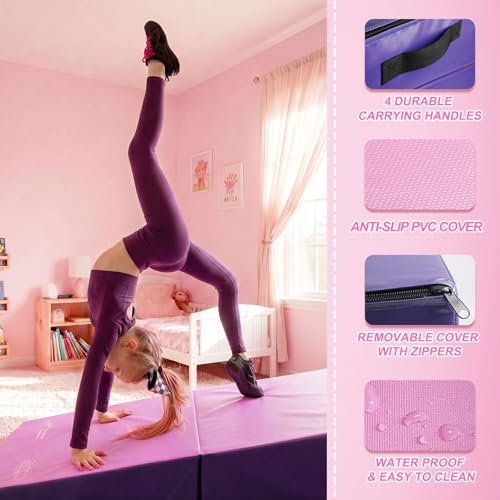 Kangaroo Hoppers Gymnastics Cheese Wedge Mat for Kids Ages 1-12 | 3 Sizes Folding Incline Mat with High-Density EPE Foam and Removable PVC Leather Cover, Home Gym Training Equipment - color: Purple/Pink, size: 56" x 28" x 15"