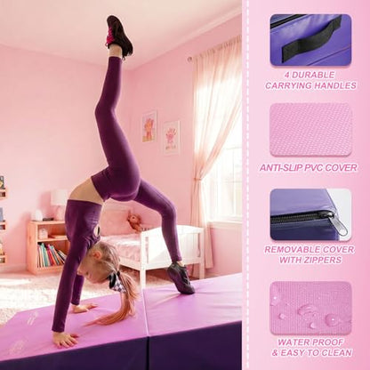 Kangaroo Hoppers Gymnastics Cheese Wedge Mat for Kids Ages 1-12 | 3 Sizes Folding Incline Mat with High-Density EPE Foam and Removable PVC Leather Cover, Home Gym Training Equipment - color: Purple/Pink, size: 56" x 28" x 15"