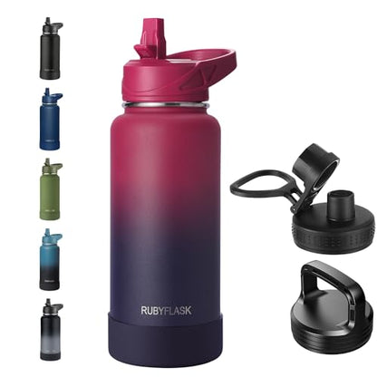 RUBYFLASK 32 oz Insulated Stainless Steel Water Bottle with Straw | 3 Lids, Wide Mouth, Metal Vacuum Leakproof Water Jug Flask and Handle, Large Thermal Cup with Silicone Boot, Dark Rainbow - color: N-Dark Rainbow, size: 32 Ounces