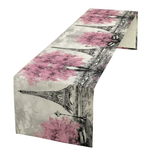 Eiffel Tower Table Runner,European City Landscape Pink Art Table Runner for Home Indoor Outdoor Kitchen Holiday Birthday Party Wedding Decor 13x36 Inch - color: Eiffel Tower-3, size: 13x36in