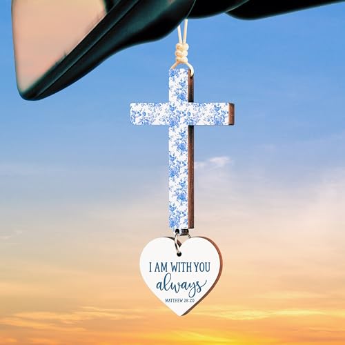 Car Accessories Christian Gifts for Women Men, Cross for Car Religious Gift | Rosary Mirror Hanging Accessories, Jesus College Care Gift, Boo Basket Stuffers For Women - Scan For Daily Bible Verse - color: Matthew 28:20 - Blue