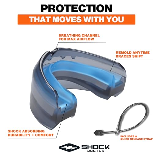 Shock Doctor Braces Football Mouth Guard, Upper and Lower Teeth. Convertible, Ultra Double Protection, Comfortable and Durable Mouthguard. - color: Blue