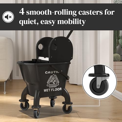 HOMCOM Mop Bucket with Wringer on Wheels, 27.5 Quart, with Mop, Black | Down Press Wringer, Handle and Mop, Floor Cleaning - color: Black, size: 27.5 Quart