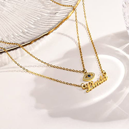 Name Necklace Personalized for Women : 18K Gold Plated Custom Name Necklace Chain Name Plate Choker Necklace Customized Gift Idea for Women Girl Female Friends Girlfriend BFF, Gold Plated/Silver - style: 2-layered evil eye+name