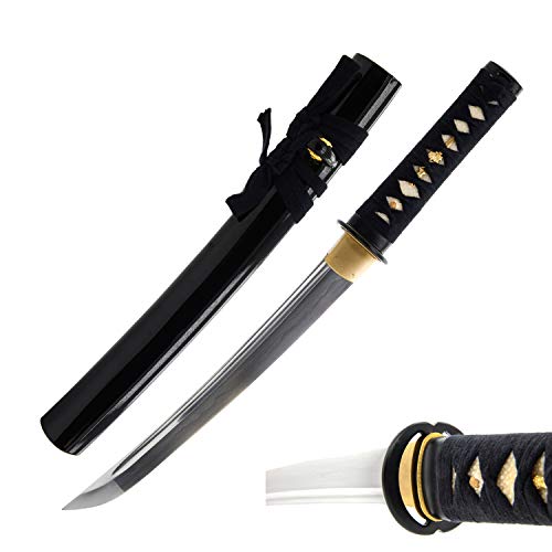 Hand Forged 1045 Carbon Steel Musashi Crest Tanto Full Tang Sword | hand-sharpened for tameshigiri, wavy temper, bo-hi groove, openwork guard, rayskin grip