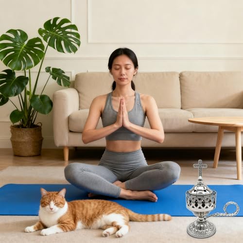 Electric Incense Burner, Frankincense Charcoal Incense Stand, Bakhoor Incense Burner Holder, Ideal for Aromatherapy, Yoga and Spa, Home and Christian Church Censer (Silver)