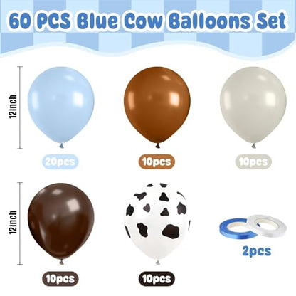Paready Blue Brown Balloons, 60 Pcs Cow Print for Cowboy Birthday Party - color: Blue Cow
