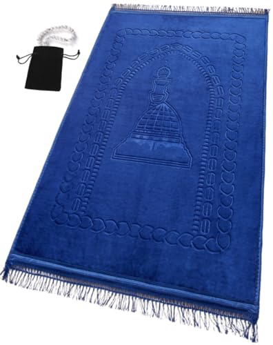 Durable Prayer Rug Muslim Mat Islamic - Luxurious Velvet Prayer Rug Sajadah for Kids Men Women for Eid Travel Ramadan, Soft and Luxury (Blue) - color: Blue