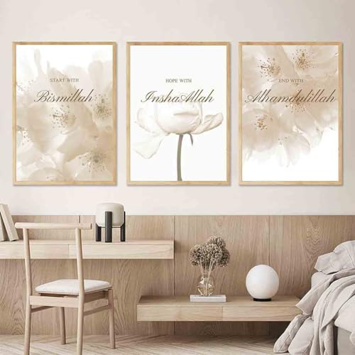 Islamic Wall Art Decor - Quran Arabic Calligraphy Canvas Painting Neutral Beige Wall Art Islam Bismillah Canvas Flower Posters Minimalist Flower Poster Room Decor 16x24inchx3pcs No Frame - color: E, size: 16x24inchx3 No Frame