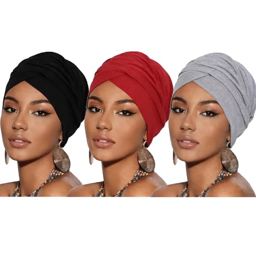 Turban Head Wrap Scarf,African Women' Soft Long Scarf Shawl Hair Bohemian Headwrap Stretch Headband Tie - color: Set A-black+grey+red